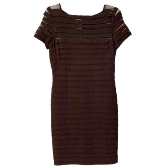 Adrianna Papell Short Sleeve Crepe/Mesh Pintuck Dress  - Black - 10 - Picture 1 of 9